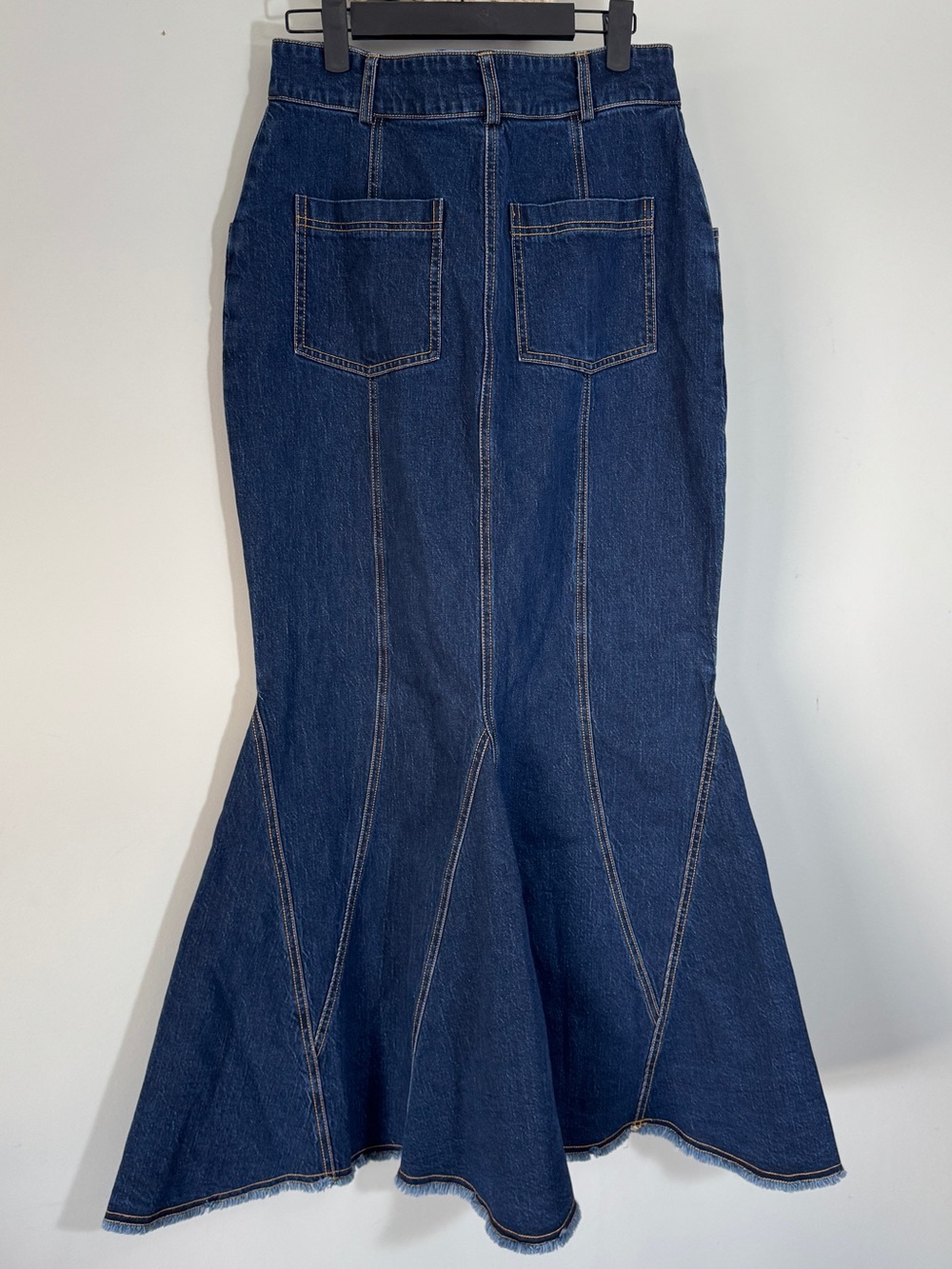 Anthropologie Pilcro Godet Flare Tulip Mermaid Denim Maxi Skirt Dark Wash Size 6 - Picture 6 of 16